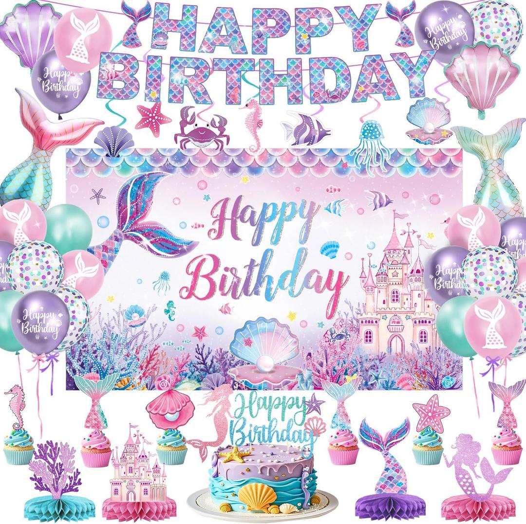 Mermaid Birthday Decorations – Includes Banner, Backdrop, Foil & Latex Balloons, Hanging Swirls, Cake & Cupcake Toppers, Honeycomb Centerpieces for Girls Mermaid Party Decorations