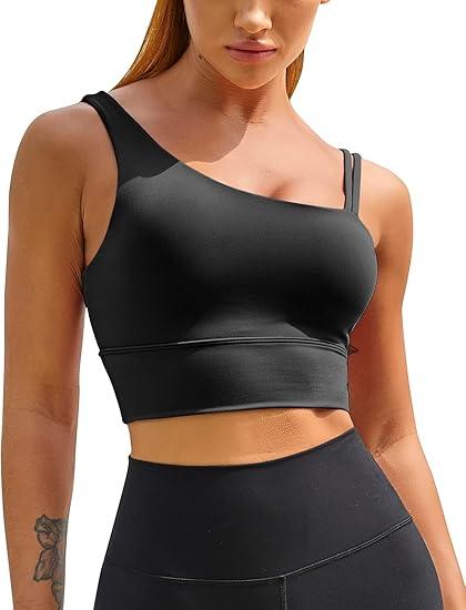 Longline Sports Bras for Women One Shoulder Workout Tank Tops with Built in Bra Supportive Crop Yoga Top Padded, Size M