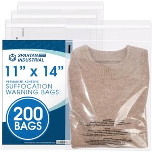 Spartan Industrial - 11 X 14 (200 Count) Self Seal Clear Poly Bags with Suffocation Warning for Packaging, T Shirts - Permanent Adhesive