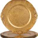 MAONAME Antique Gold Charger Plates, Round Antique Plate Chargers for Dinner Plate, 13" Plastic Charger for Plates, Wedding Table Setting, Set of 6
