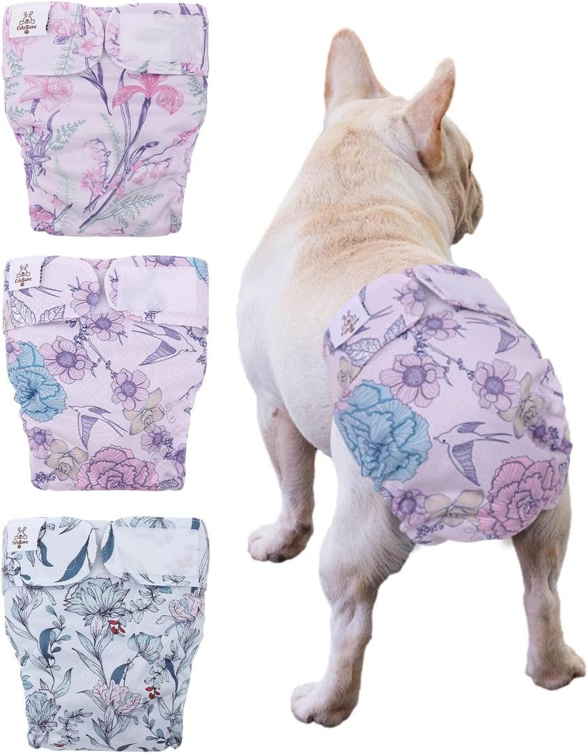 CuteBone Washable Dog Diapers Female No Tail Hole 3 Pack Reusable Doggie Period Training Pants for Docked-Tail Frenchie French Bulldog Boston Terrier Without Tail WWD16S