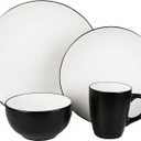 American Atelier Bistro Casual Round Dinnerware Set – 16-Piece Stoneware Party Collection w/ 4 Dinner Salad Plates, 4 Bowls & 4 Mugs – Unique Gift Idea, White/Black