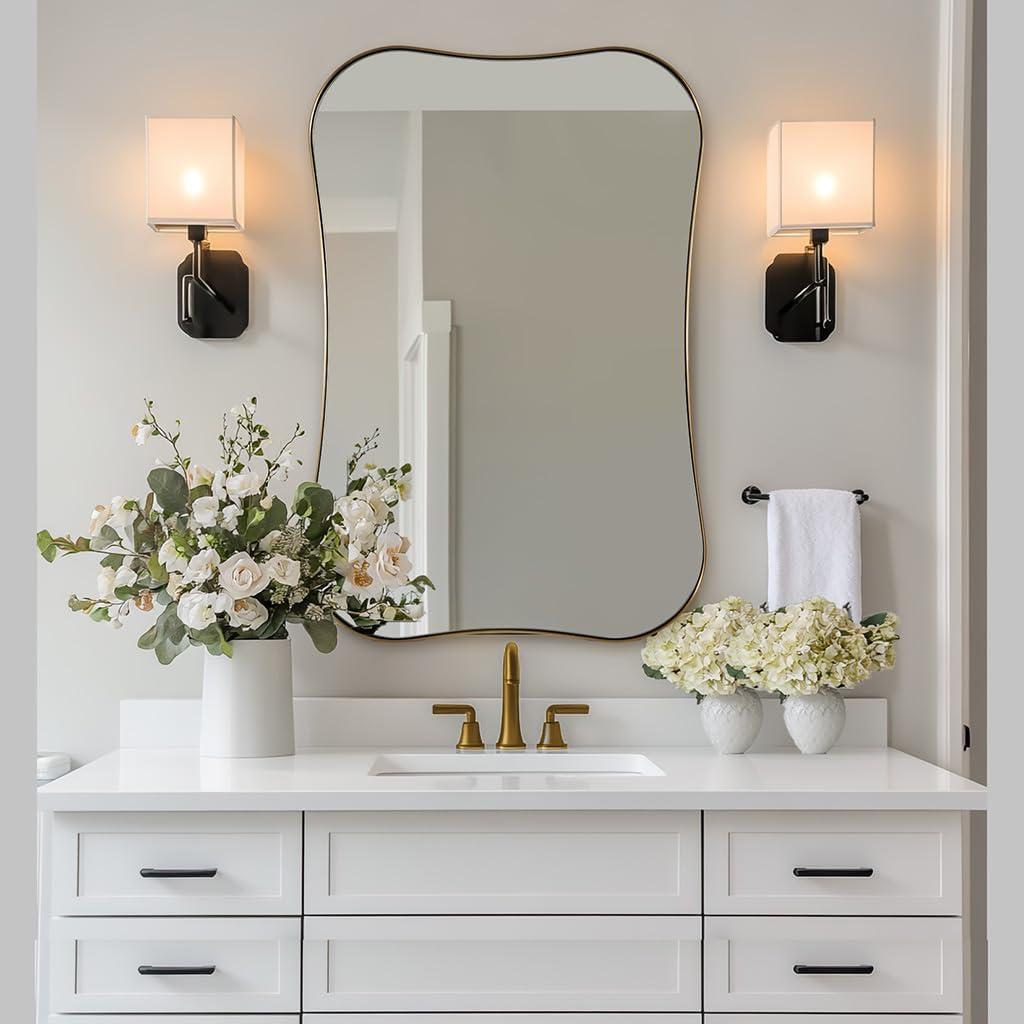 ANDY STAR Brushed Gold Bathroom Mirror 24x36'', Brass Scalloped Mirrors Irregular Asymetrical Mirror Butterfly-Shaped in 1'' Anti-Rust Stainless Steel Metal Frame Wall Mounted for Bathroom Vanity