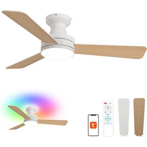 Orison 42-Inch Ceiling Fans with Lights, Low Profile, Flush Mount, Features RGB Backlight, Dimmable Lighting, 6 Speeds, 3 Reversible Blades, Remote and App Control, White