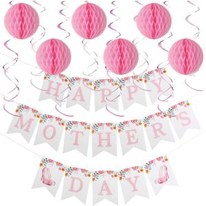 Happy Mother's Day Decorations, Happy Mothers Day Banner with Hanging Swirls, Honeycomb Balls Decorations for Party Supplies Decor Home Office, Pink
