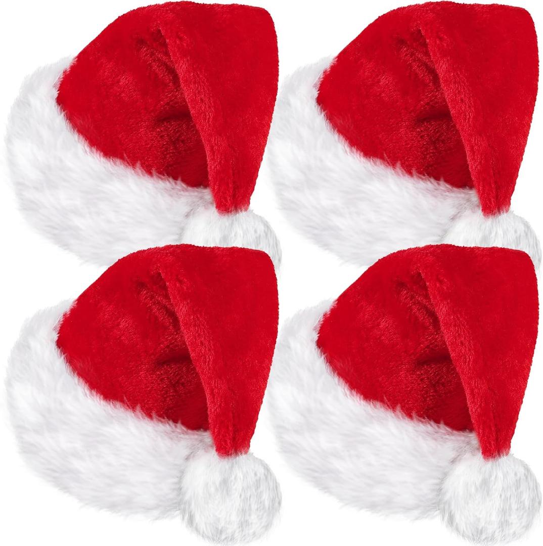 SATINIOR 4 Pcs Plush Santa Hat, Unisex Velvet Christmas Santa Hat Bulk with Comfort Lining for Party, Holiday, Christmas(over 14 Years Old,Red)