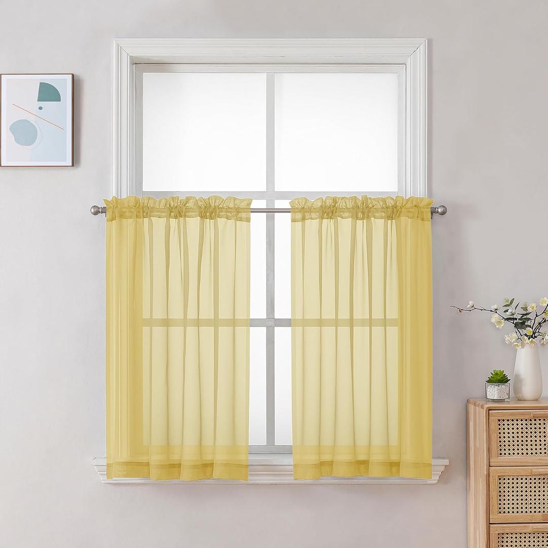 Chyhomenyc Mustard Yellow Short Sheer Curtains 30 inch Length, Light Filtering Half Window Curtians for Kitchen, Elegant Small Curtain for Basement Bathroom Cabinet, 42Wx30L inches, 2 Panels