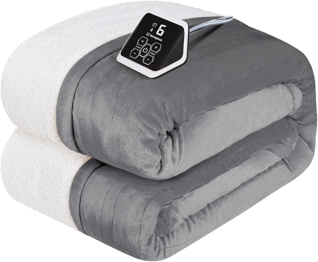 Westinghouse Heated Blanket Twin Size, Soft Flannel to Sherpa Electric Blanket with 10 Heating Levels, 12 Hours Auto Off, Fast Heating, Machine Washable, 62x84 Inch, Light Grey