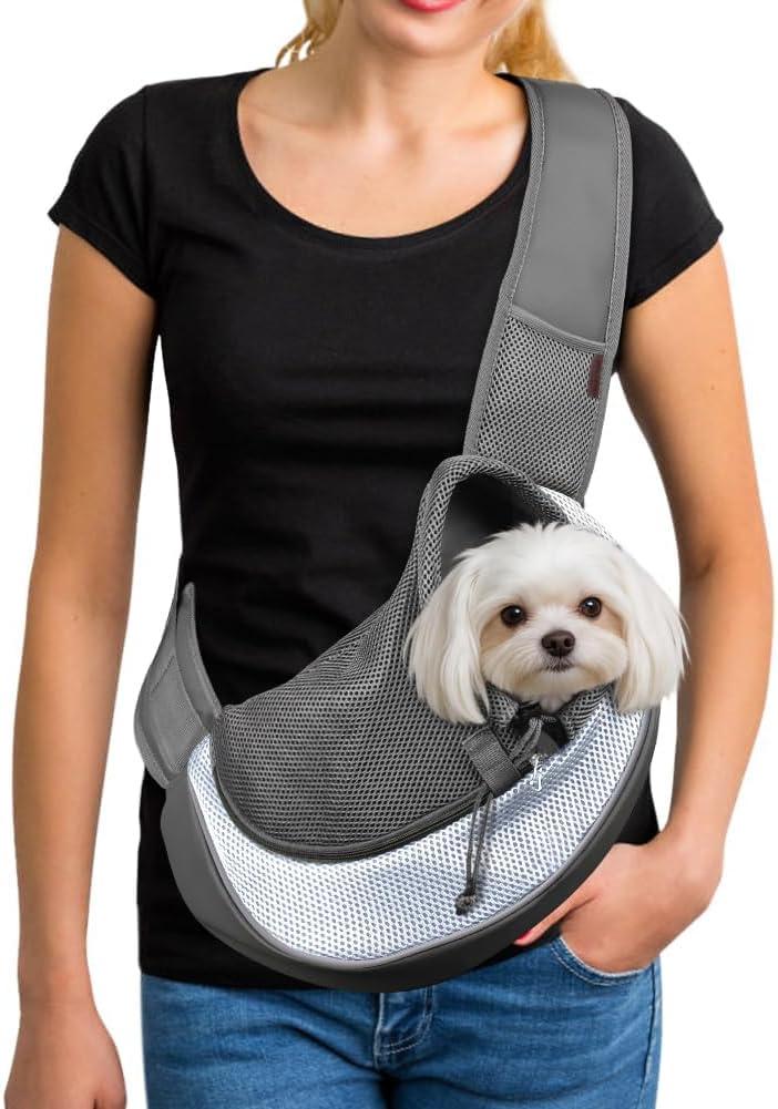 YUDODO Pet Sling Carrier for 2-5 lbs Small Dogs & Cats  Hands-Free Puppy Carrier with Safety Hook, Large Zipper Pocket, Soft Breathable Mesh, Adjustable Strap & Reflective Strip (Gray 1.0 S)