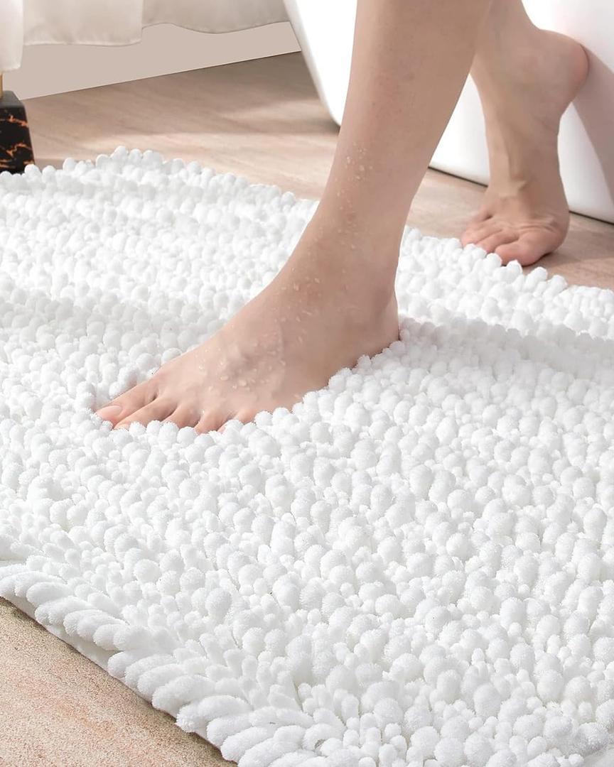 DEXI Bathroom Rug 16x24, Super Soft Thick Chenille Absorbent Bath Mat, Non Slip Machine Washable Fluffy Shag Bathmat for Tub, Shower Floor, White