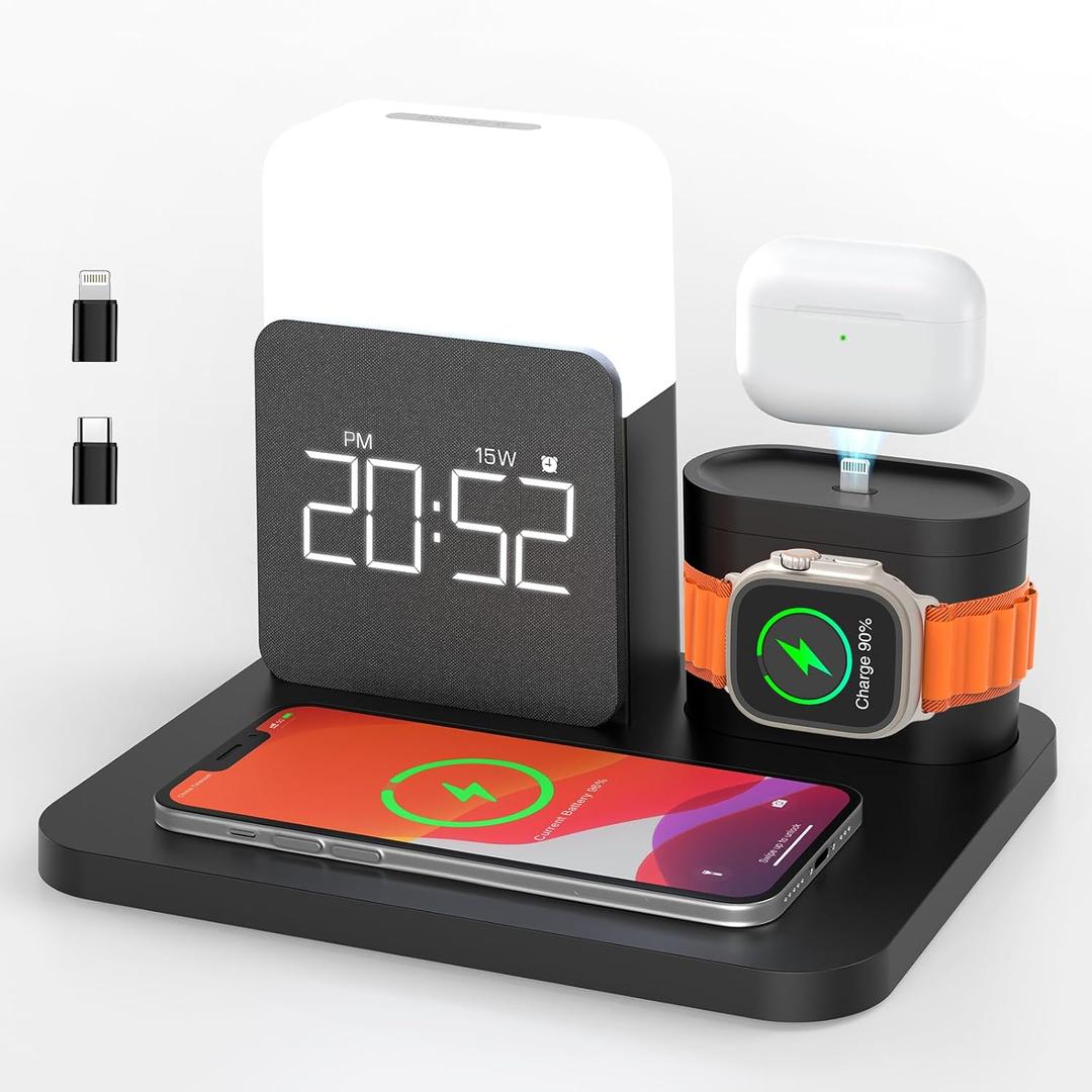 7 in 1 Charging Station for iPhone, Wireless Charging Station, Alarm Clock, Night Light, Wireless Charger for iPhone 16 15 14 13 12 Pro Max & Apple Watch - Charging Stand Dock for AirPods (25W, Black)