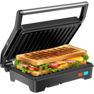 Panini Press Grill, 1000W Sandwich Maker with Non-Stick Coated Plates, Opens 180 Degrees for Any Size of Food, 3-in-1 Sandwich Press Electric Grill, Stainless Steel Surface and Removable Drip Tray (Black)