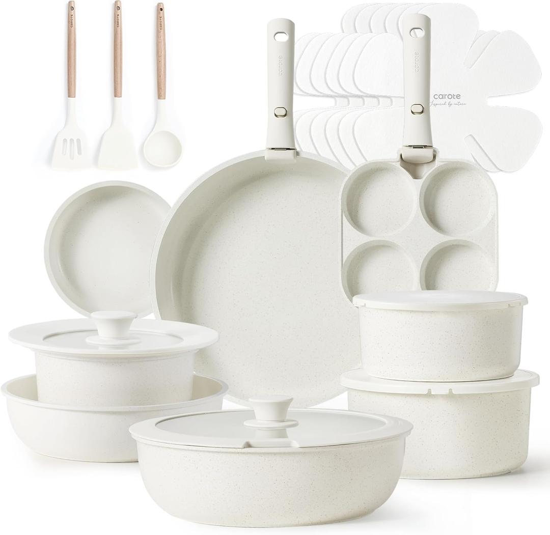 CAROTE 23pcs Pots and Pans Set Non Stick, Cookware Sets, Kitchen Set, Oven/Dishwasher/Fridge Safe, Space Saving Pots Set, Nonstick Set with Versatile Detachable Handle, Induction RV Set, Cream (Cream White)