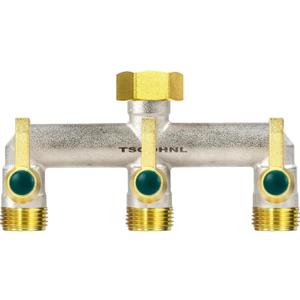 3/4-Inch Garden Hose splitter - Designed for installing multiple irrigation system timers - Suitable for high water pressure faucet manifolds - Freeze and rust resistant Full Flow 3-way valve (G-3-high flow)