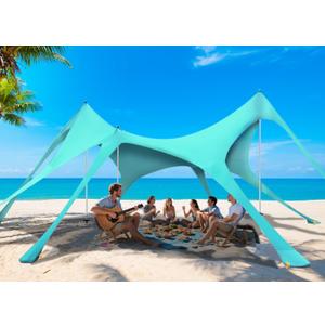 Beach Tent Sun Shelter & Portable Beach Canopy UPF50+ Uv Protection, Beach Shade Canopy/Cabana with 8 Sandbags, 4 Stability Poles, Sand Shovel Ground Pegs for Outdoor Camping