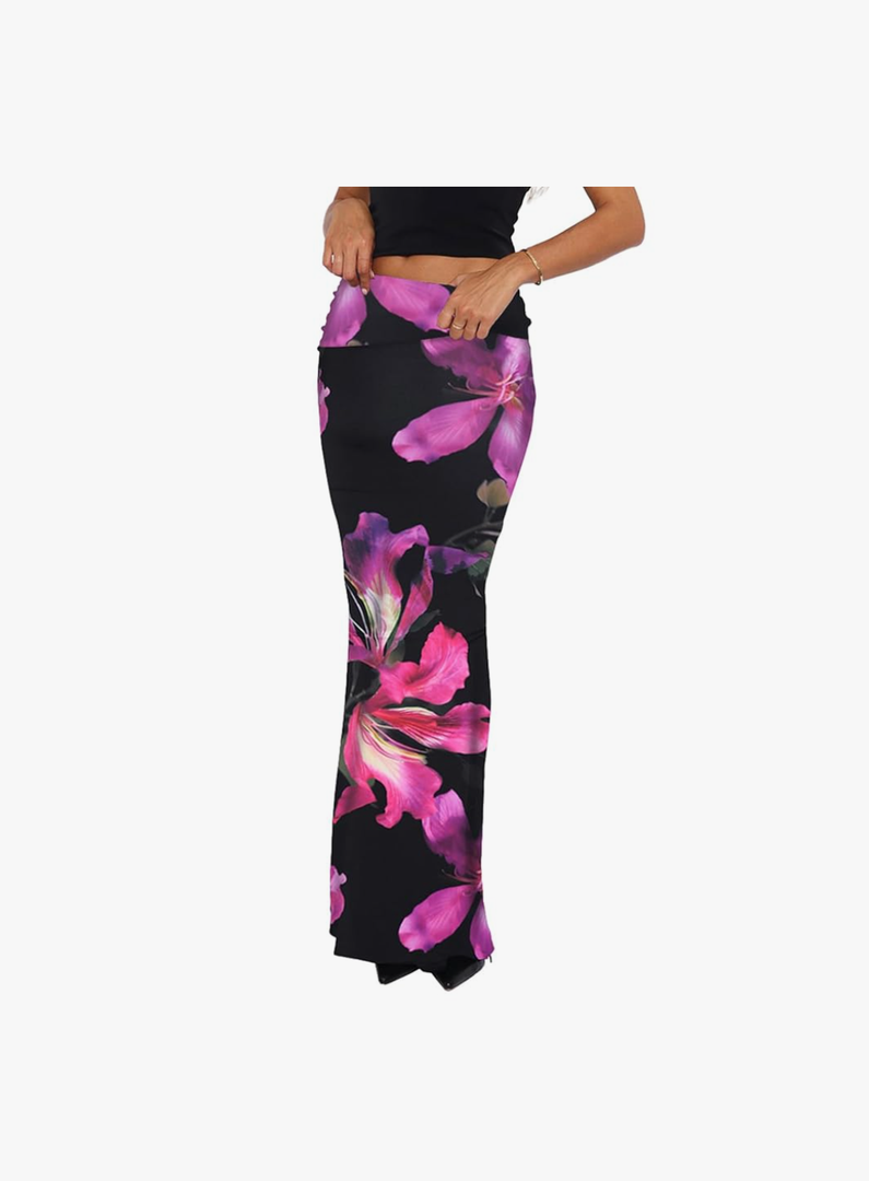 Bodycon Maxi Skirts for Women, Foldover High Waist Floral Leopard Cheetah Print Sexy Club Long Y2k Skirt Size M