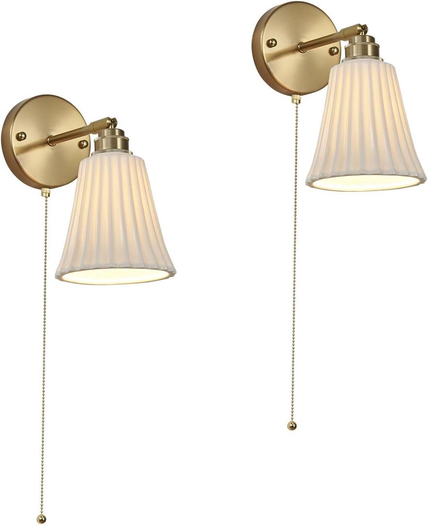 2-Pack Modern Gold Ceramic Hardwired Swing Arm Wall Sconces with Pull Chain Switch Indoor Wall Light Fixtures for Living Room, Bedroom, Kitchen & Home Office