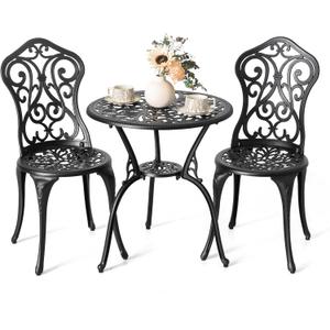 NUU GARDEN 3 Pieces Patio Bistro Set, Outdoor Bistro Set with 2 Chairs, Round Table with Umbrella Hole, All-Weather Outdoor Patio Bistro Set for Garden, Lawn, Poolside, Porch, Black (No cushion, Wing Backrest)