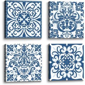 the stream design Boho Mandala Canvas Wall Art: Vintage Navy Blue Flower Picture Painting Print Artwork 4 Piece Bathroom Living Room Bedroom Decor 12x12 Inch