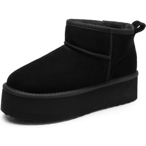 DREAM PAIRS FuzzyClassic Platform Mini Boots for Women Suede Genuine Leather, Classic Winter Ankle Snow Boots with Memory Foam Insole Lightweight Anti-Slip Outsole Outdoor (6, Black)