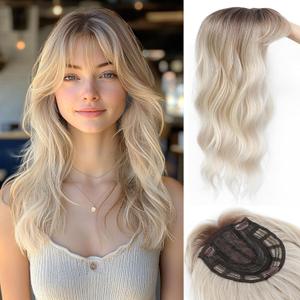 Hair Toppers for Women with Thinning Topper Hair Pieces Wispy Clip in Bangs | 6.5''x6.5'' 20 Inch Lightweight Breathable Curly Wavy Ladies Wiglets Toppers-Ash Blonde Mix Highlights with Brown Root