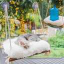 Cat Hammock with Industrial-Grade Suction Cups - Solid Pine Wood Seat, Soft Cushion - 42 lb Capacity (Medium, Brown/White)