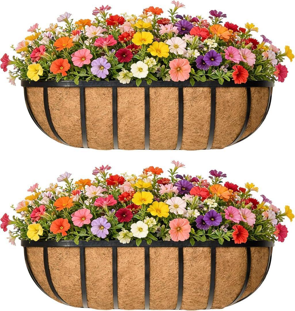 EIMQUVW 30 Inch Railing Planter Window Box Deck Balcony Rail Planter with Coco Liner Metal Wall-Mounted Coconut Liner Basket English Horse Trough for Outdoor Balcony Porch Fence Patio (2 Pack)