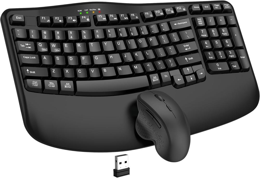 Wireless Keyboard and Mouse Combo, 2.4G Wave Keys Ergonomic Keyboard with Wrist Rest and 3 Level DPI Advanced Wireless Ergonomic Mouse, Natural Typing for Windows, Mac OS Desktop (Black Graphite)