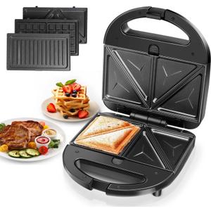 Aigostar Sandwich Maker Panini Press Grill, 3 in 1 Waffle Maker with Removable Non-stick Plates, Electric Grilled Cheese Maker, Portable Cool Touch Handle, Led Indicator Lights & Easy to Clean, 750W (Black)