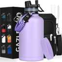 Insulated Water Bottle 64 oz, Half Gallon Water Jug Cold 48H, BPA Free Stainless Steel Bottles with Straw/Chug 2-in-1 Lid, Bag, Paracord Handle, Silicone Boot, Sports Gym School Metal Flask (Purple)