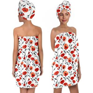 Red Poppy Bath Wrap Set with Hair Turban, Floral Pattern Absorbent Quick-Dry, Spa Towel Wrap, Towel Robe for Women