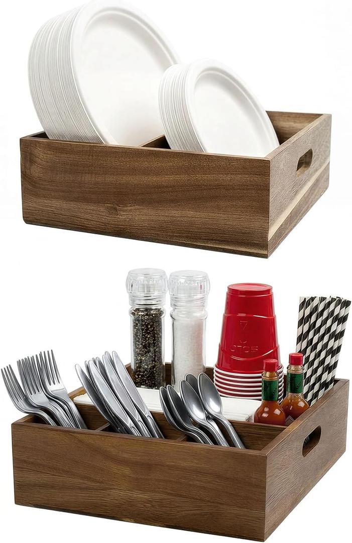 Acacia Wood Utensil Holder for Party (Set of 2) - 11" x 9.5" Utensil Caddy for Parties & Silverware Caddy for Countertop - Holds Plates, Napkins, Cups, Spoons, Forks - Kitchen Accessories