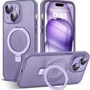 Designed for iPhone 15 Case with Magnetic Invisible Ring Stand[Military Drop&Full Camera Lens Protection][Compatible with Mag-Safe] Matte Translucent Slim Phone Case for iPhone 15 6.1"Purple