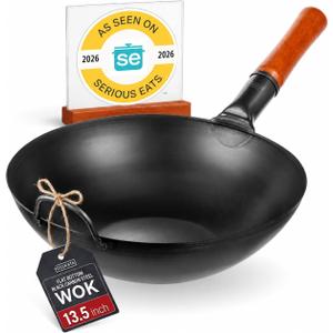 YOSUKATA 13.5" Pre-Seasoned Flat Bottom Black Carbon Steel Wok for Stir Fry