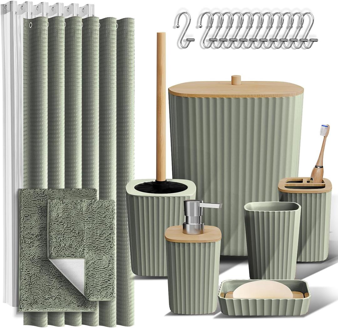 Clara Clark Bathroom Accessories Set - Bathroom Set, Bathroom Sets with Shower Curtain and Rugs, Shower Curtain Set with Trash Can - Sage Green - 22PC