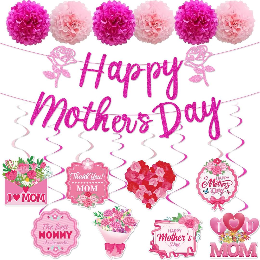 Happy Mothers Day Decorations Party Supplies Kit - Includes Glitter Happy Mother's Day Banner, 6 Paper Pom Poms, Hanging Swirls with Best Mom Ever - Rose Floral Mothers Day Theme Decor for Home Indoor