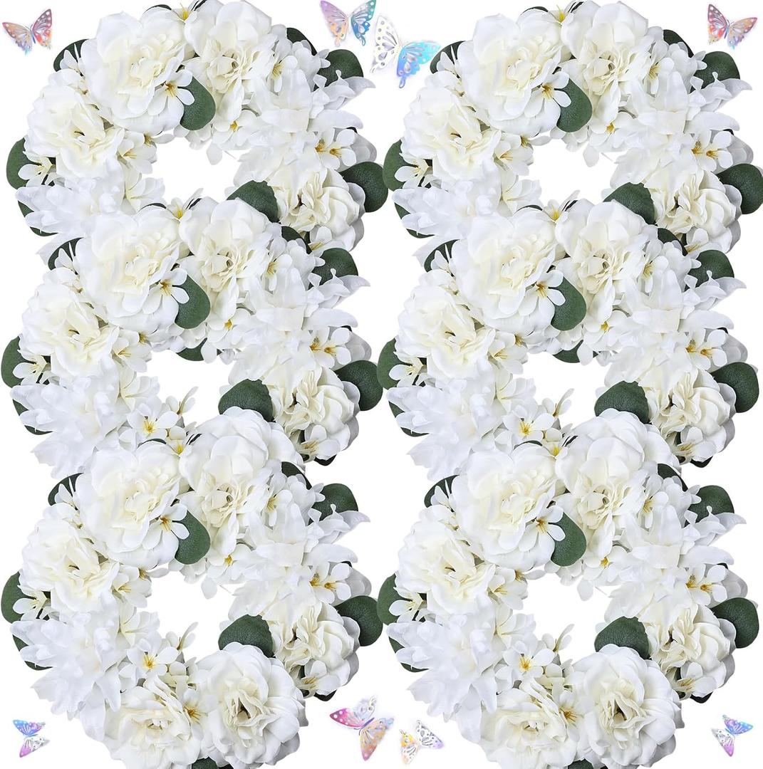 Artificial Flower Candle Rings - 6 Inch Inner Rose Floral Wreaths with Butterflies for Wedding Bridal Event Table Centerpieces Backdrop Decorations (Ivory, 6 X Candle Rings)