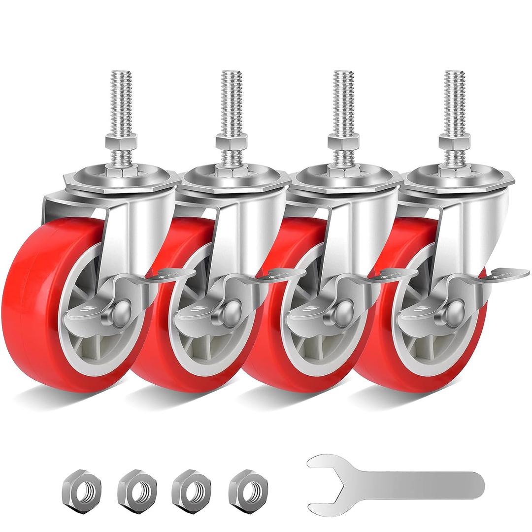 NISUSK 3 Inch Heavy Duty Stem Casters Swivel Wheels with Brake - 3/8" -16 x 1-1/2" (Stem Diameter 3/8", Stem Length 1-1/2"),Set of 4 with Locking Threaded Stem Caster Wheels - Load 600lbs (Bright red)