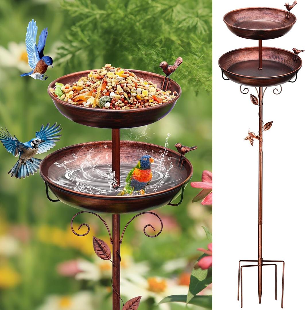 Metal Bird Bath for Outside, 2-in-1 Birdfeeder and Bath, 42 Inch Tall Stand with Hummingbird, Large 12Inch & Small 7.9Inch Bird Bath Bowl, 3 Bird Decor for Garden, Antique Bronze