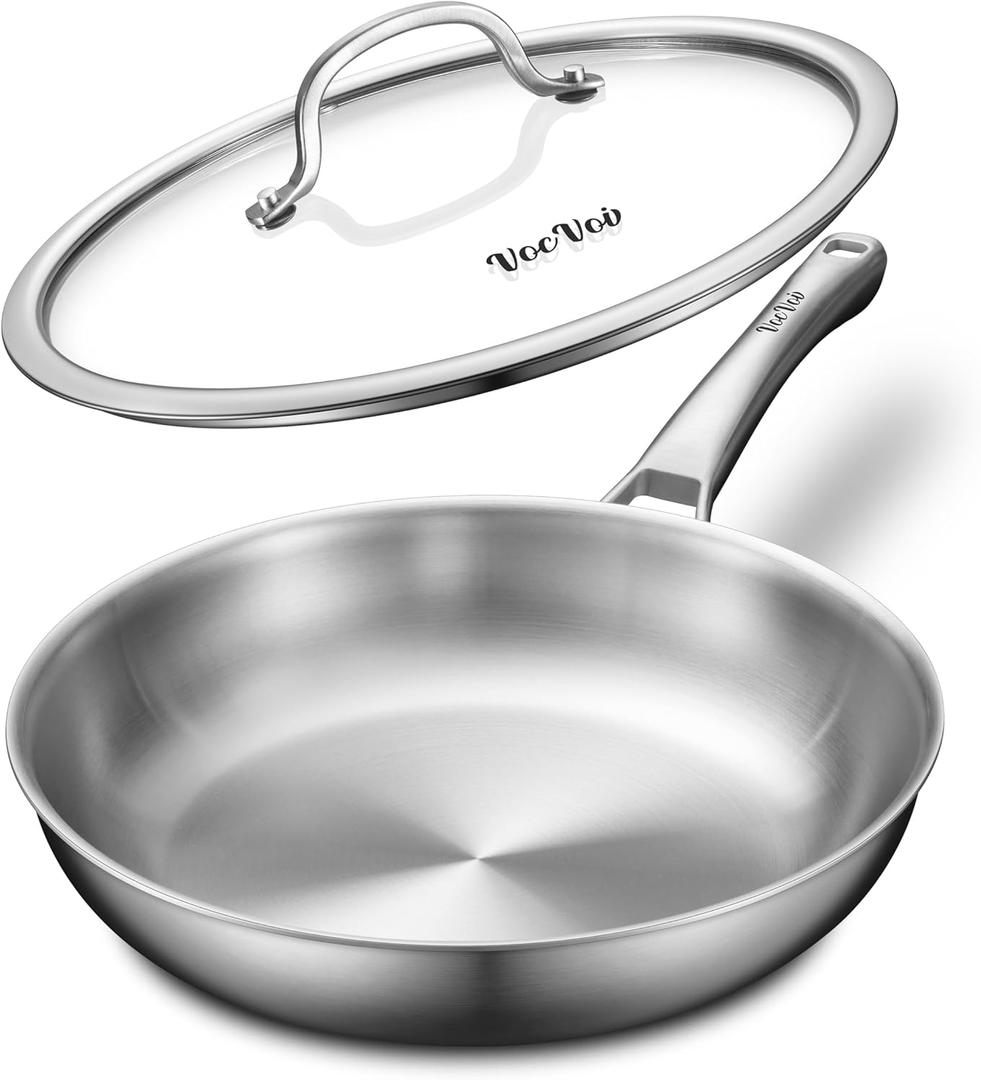 12 inch Tri-Ply Stainless Steel Frying Pan with LID,PFOA&PTFE Free Skillets,Chef's Pans,Dishwasher and Oven Safe Cookware, Works on Induction,Ceramic and Gas Cooktops