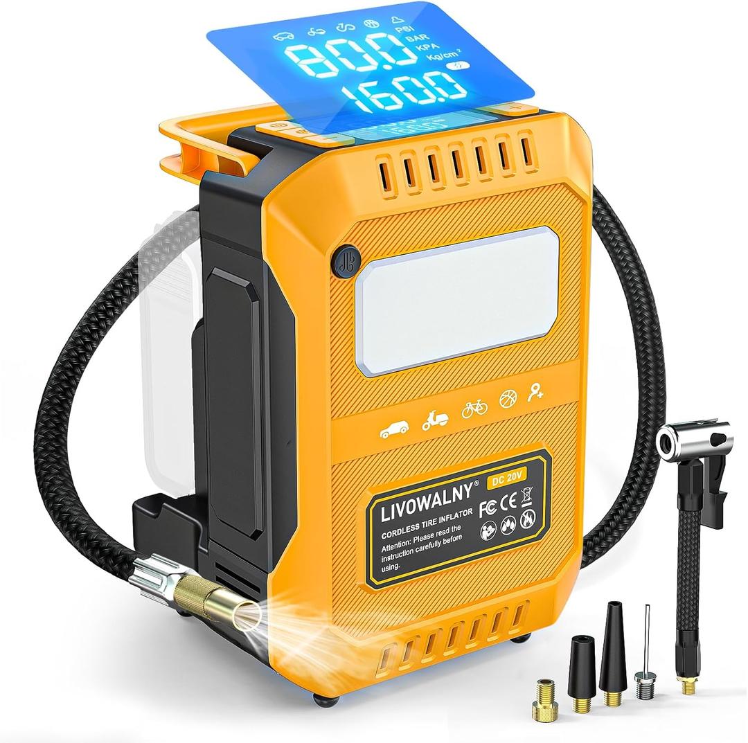5X Faster Tire Inflator Air Compressor, LIVOWALNY 160PSI Cordless Air Pump Compatible with Dewalt 20V Battery with Digital Pressure Gauge, LED Light, Deflator & Auto Shut-Off for Car, Motorcycle