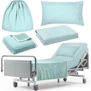 SmoothNovelty 4 Pcs Hospital Bed Sheets Set, Soft Knitted Standard Sheets Quality, Include Fitted Coverlet, Quilt Cover, Pillow Case and Blanket (Blue Green)