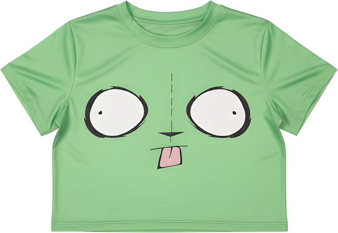 Silly Green Face Crop Top Shirt for Womens  Adult Teen Women Funny Tee Cosplay Halloween Costumes (Green, S)