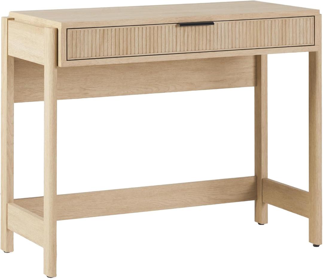 Walker Edison Transitional Office Design, Reeded Drawer Front Detail, Writing Desk with Drawer, Spacious Desktop, Complementary in Living Spaces, 38W x 16.75D x 30H, Coastal Oak