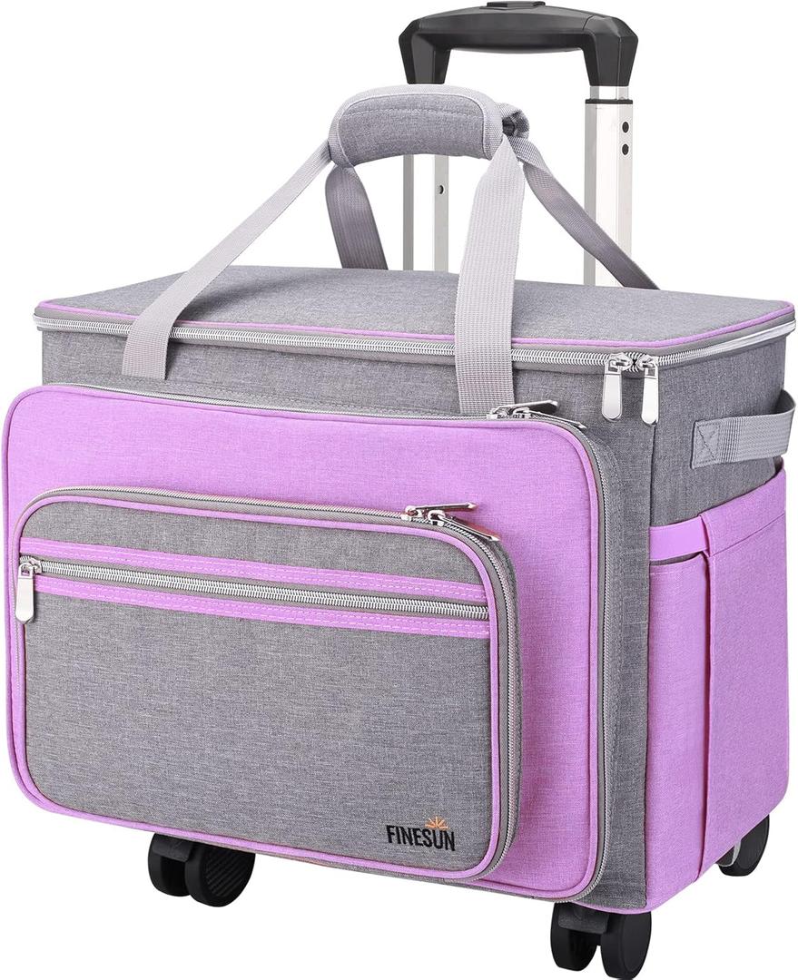 FINESUN Sewing Machine Case with Wheels, Foldable Deluxe Rolling Sewing Machine Case for Brother, Singer, Janome and Most Machines,Purple-Grey