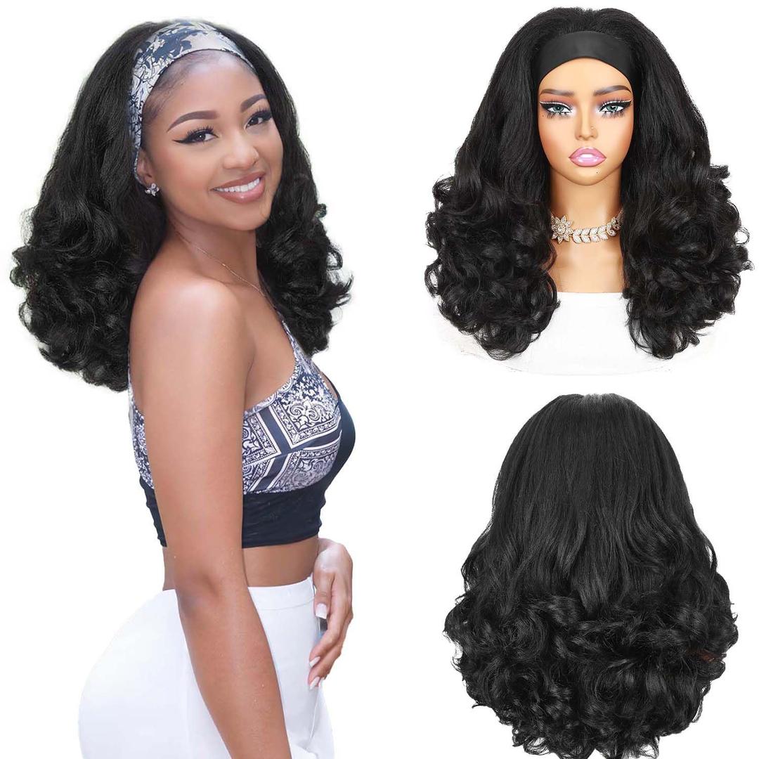 Quantum Love Yaki Curly Headband Wigs for Black Women - Kinky Straight Black Headband Curly Ends Synthetic Wear and Go Glueless Half Wig with Headbands Attached (16 Inch)