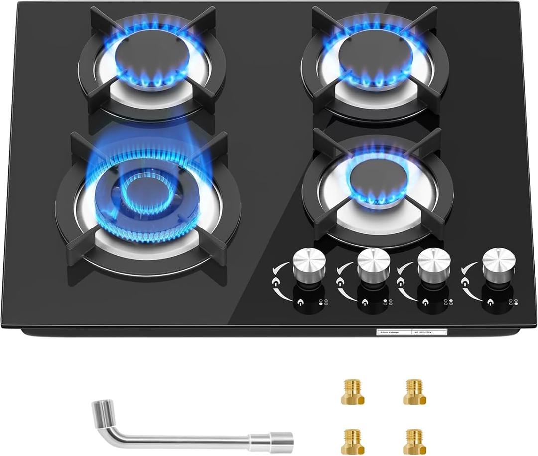 Gas Stove Top 23x20 Inch, Built-in Gas Cooktop 4 Burner, Dual Burners Propane Cooktop NG/LPG Convertible, Gas Cooktop with Thermocouple Protection for Cooking, Black Tempered Glass, 27400BTU
