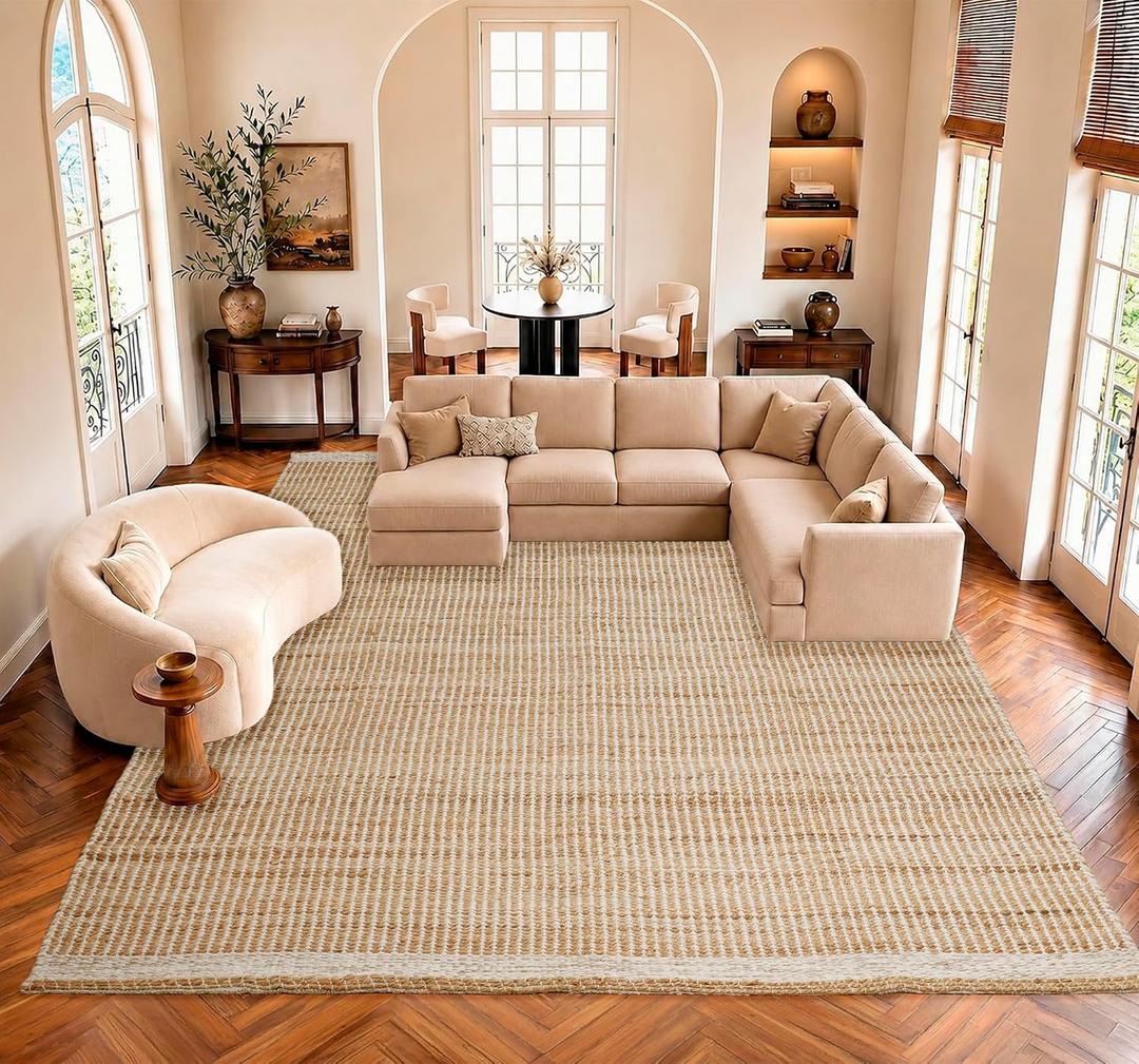 9x12 feet Jute & Wool Mini Check Area Rug with 4-Inch Border Handwoven mini Check Pattern – Living Room, Dining & Bedroom Rug, Neutral Indoor Natural Farmhouse Décor (9' x 12')