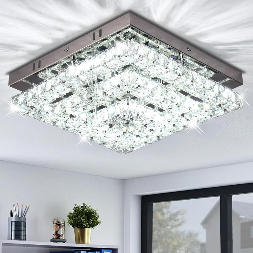 Cainjiazh 11.8" Crystal Chandelier LED Crystal Flush Mount Ceiling Light Modern Chandeliers Square Ceiling Light for Bedrooms Hallway Kitchen Office (6500K Cool White) Without Remote Control
