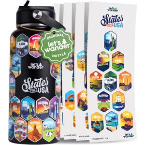 LET'S WANDER 50 States Water Bottle with Waterproof Stickers - 32oz Leakproof Insulated Stainless Steel with Straw - States of the USA Gift Bottle (Black)